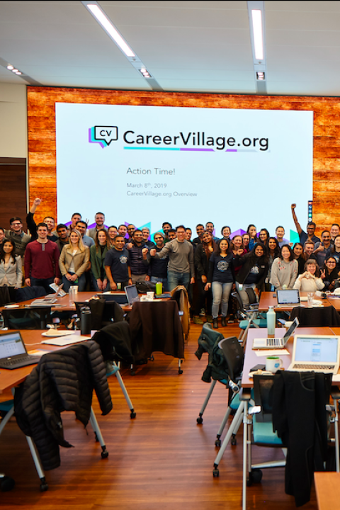 careerVillage team at a meeting - nonprofit that created an AI driven chatbot to help students perfect their resumes and grow careers